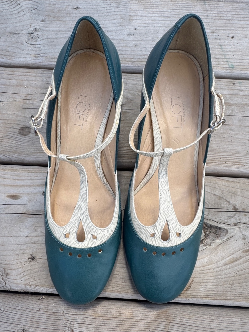 LOFT vintage inspired leather Teal and Cream T-Strap Heels
